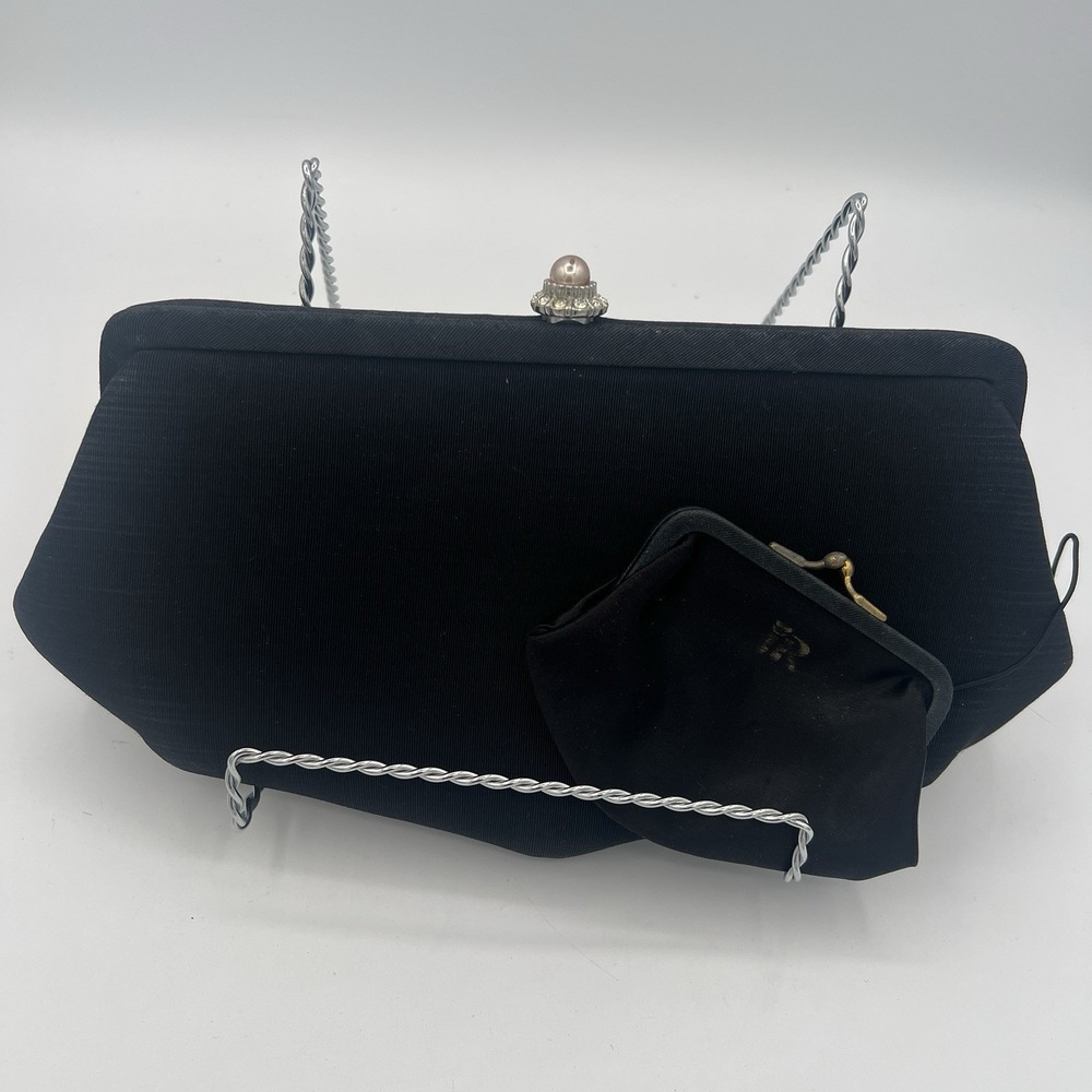 Vintage 1950s Black Cloth Purse With Jeweled Clasp‎ with a  change purse
